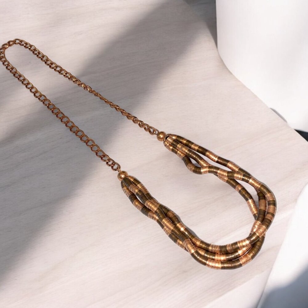 Necklace Metal Copper Tone Rings Twisted Chain Jewelry 3 strands